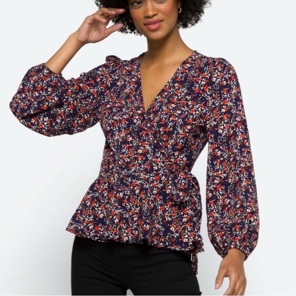 Skies are Blue Woman’s Floral Wrap Peplum Blouse Top Size Medium - Picture 10 of 13